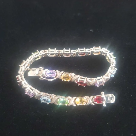 925 Sterling Silver Multi Gemstone Tennis Bracelet  Overtone Vintage - Picture 3 of 15